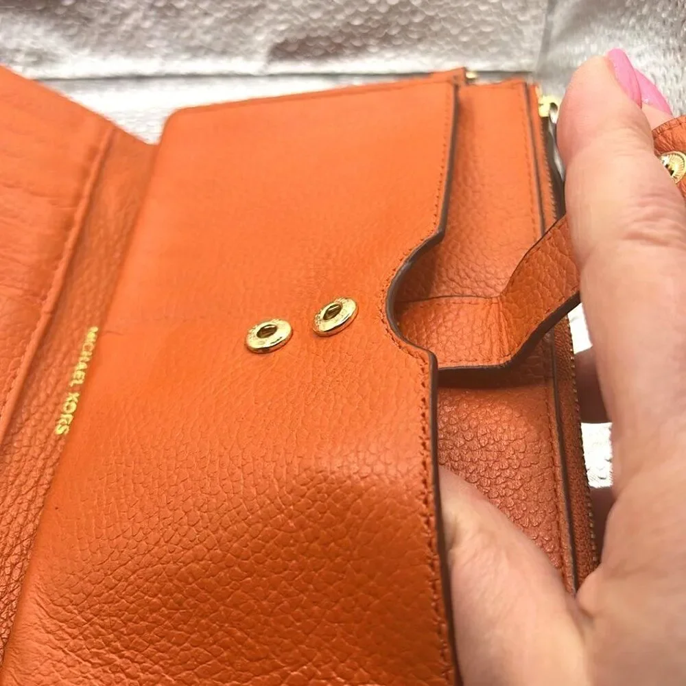 Michael Kors Adele Double-Zip Gold-Tone Wristlet in Deep Orange
